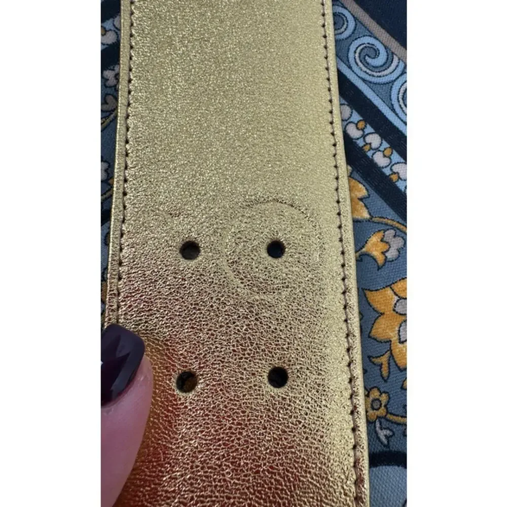 Prada Metallic Gold Leather Wide Statement Belt 36/85 Oval Buckle Made in Italy
